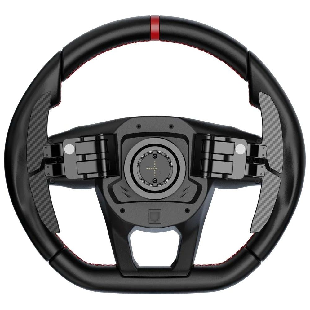 Volante da corsa nero con dettagli in carbonio, cuciture rosse e mozzo centrale.