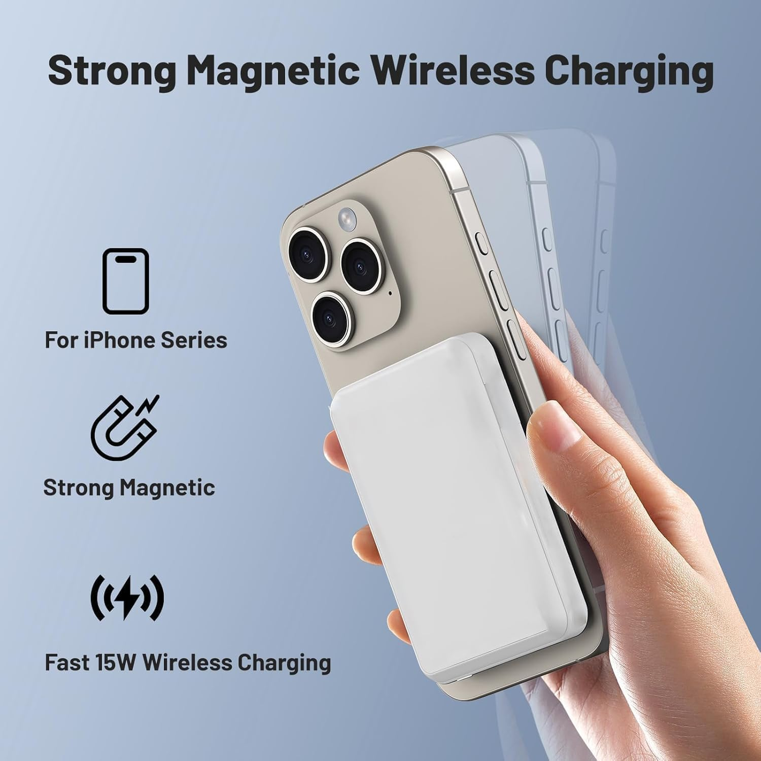 Mano sostiene iPhone con power bank magnética blanca y texto sobre carga inalámbrica.