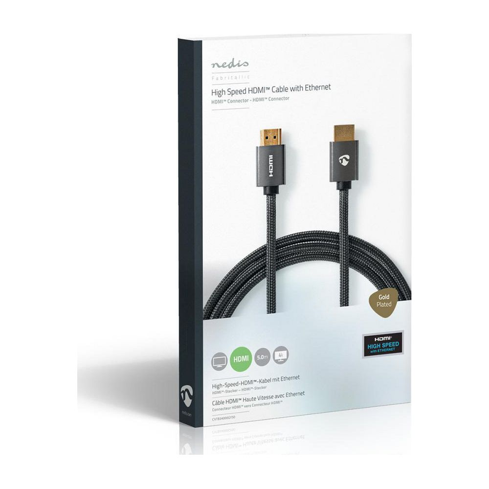 Verpackung eines geflochtenen High-Speed-HDMI-Kabels mit Ethernet von Nedis.