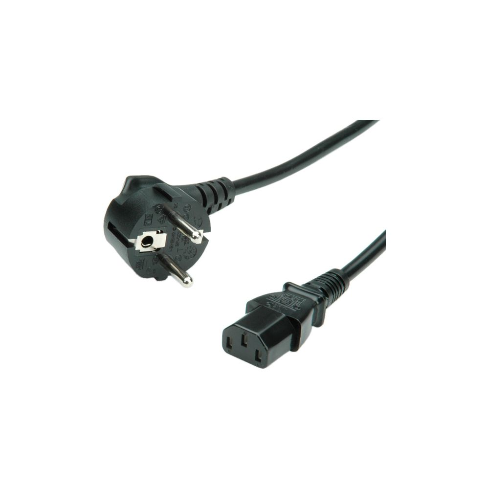 Un cordon d'alimentation noir avec prise de type F et connecteur C13 sur fond blanc.