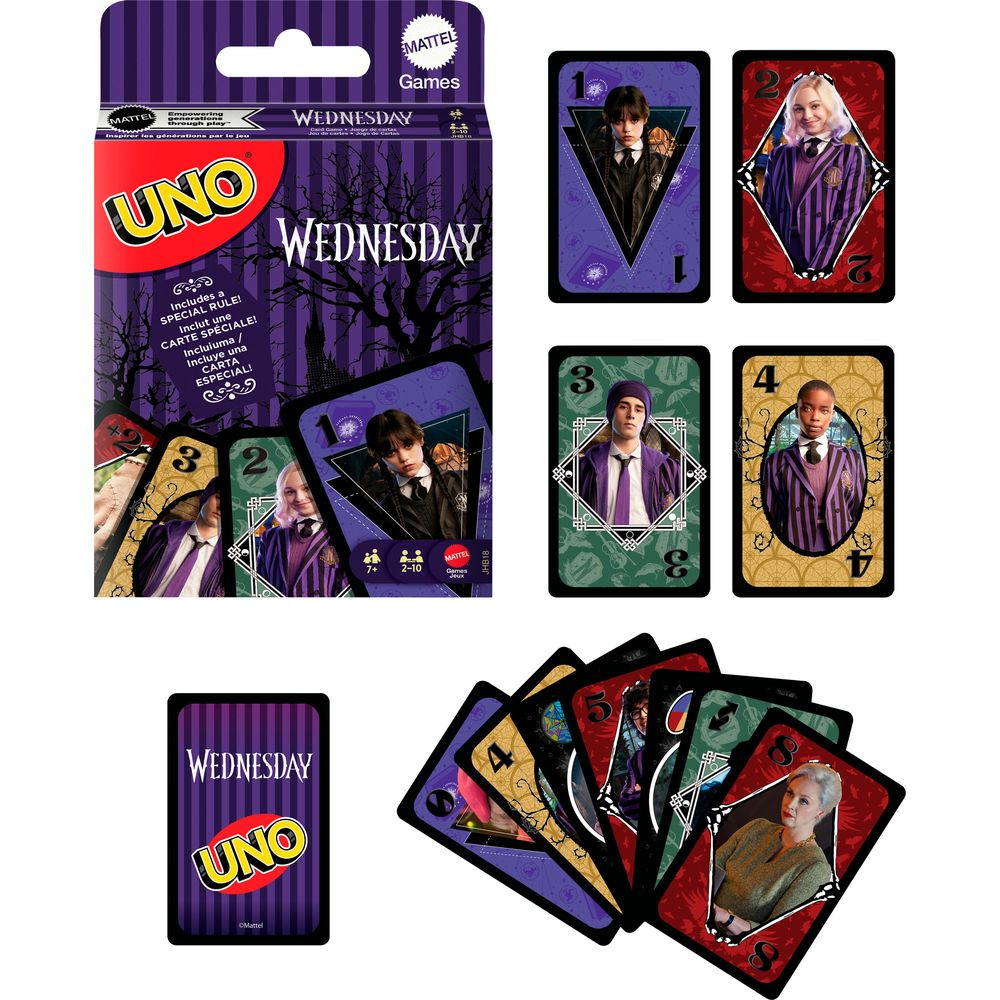 Juego de cartas UNO de Wednesday con tarjetas de personajes y empaque en morado y negro.