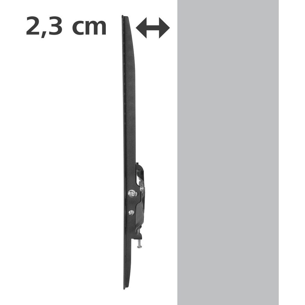 Vista lateral de un soporte de TV negro y delgado con una distancia de 2,3 cm.