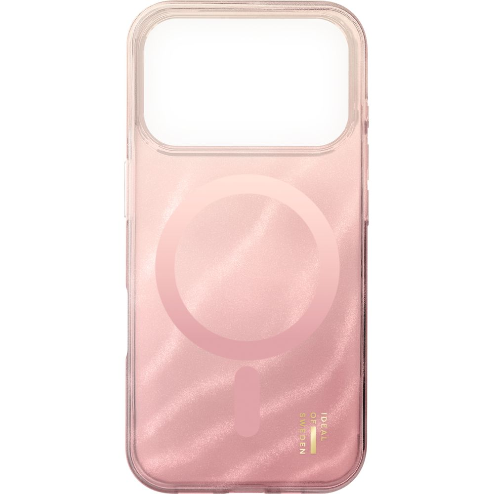 Una custodia per smartphone rosa lucida con anello MagSafe e marchio dorato.