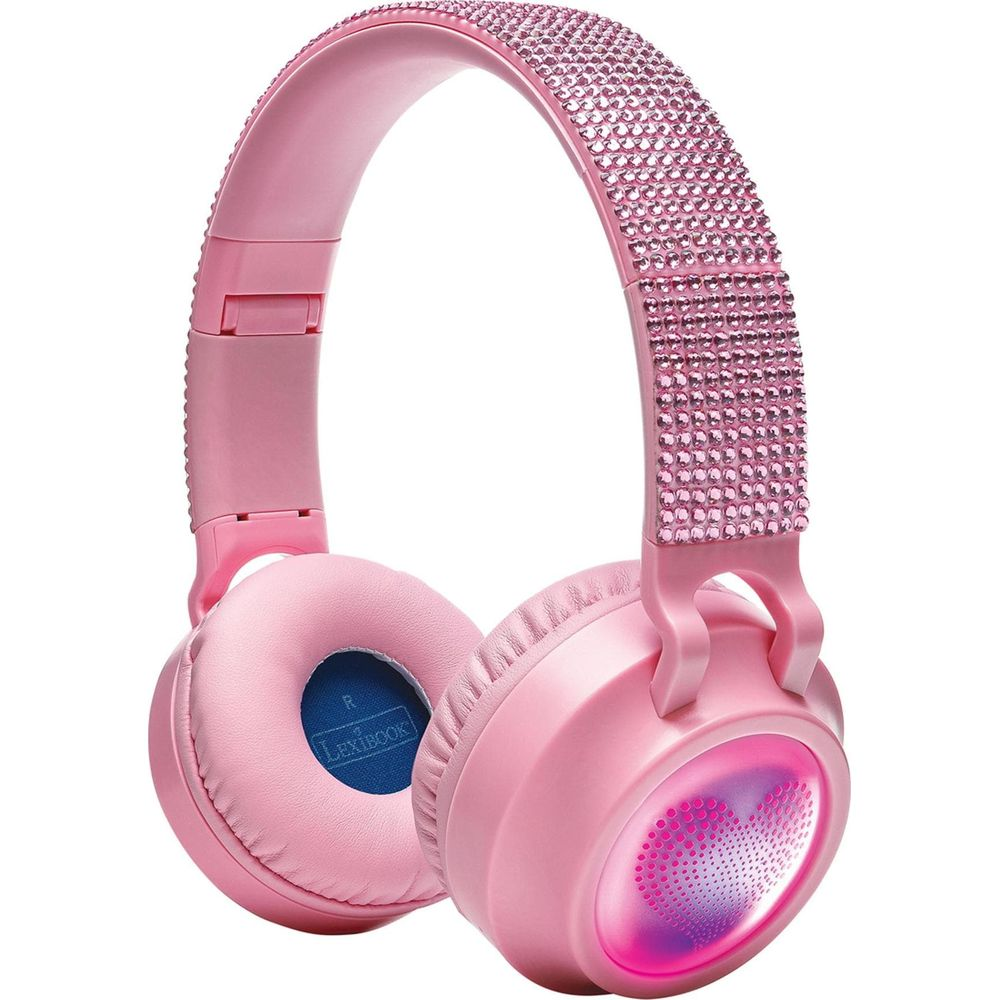 Auriculares rosas con diadema brillante y un corazón luminoso en la orejera.