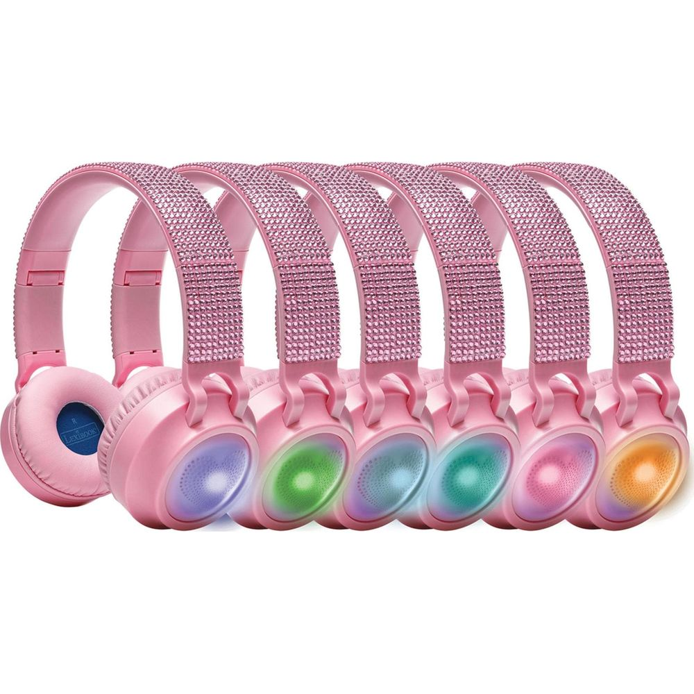 Seis auriculares rosas cubiertos de pedrería en fila, cada uno con una luz de color brillante en la copa.