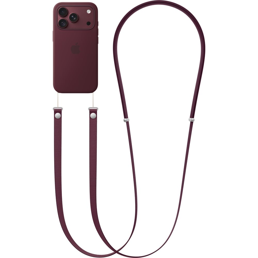 Smartphone rojo oscuro en una funda con cordón largo a juego y herrajes de metal plateado.