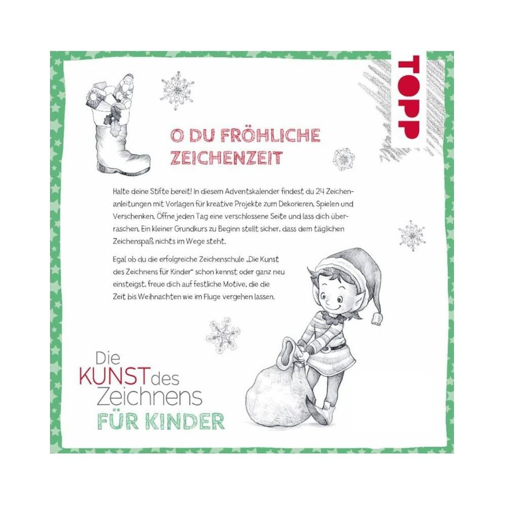 Ein illustriertes Weihnachtsbuchcover mit deutschem Text, Stiefel, Schneeflocken und Elf mit Sack.
