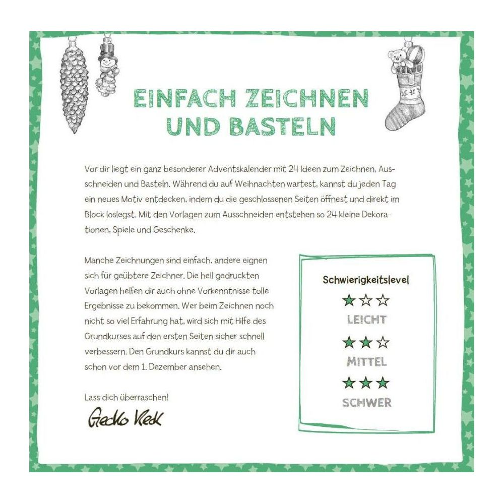 Adventskalender-Anleitung zum Zeichnen und Basteln mit Schwierigkeitsleveln und weihnachtlichen Illustrationen.