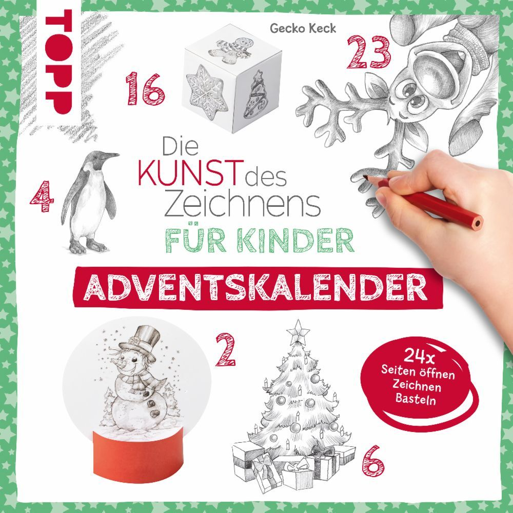 Cover eines Kinder-Adventskalenders mit Bleistiftzeichnungen wie Schneemann, Pinguin und Hand mit Stift.
