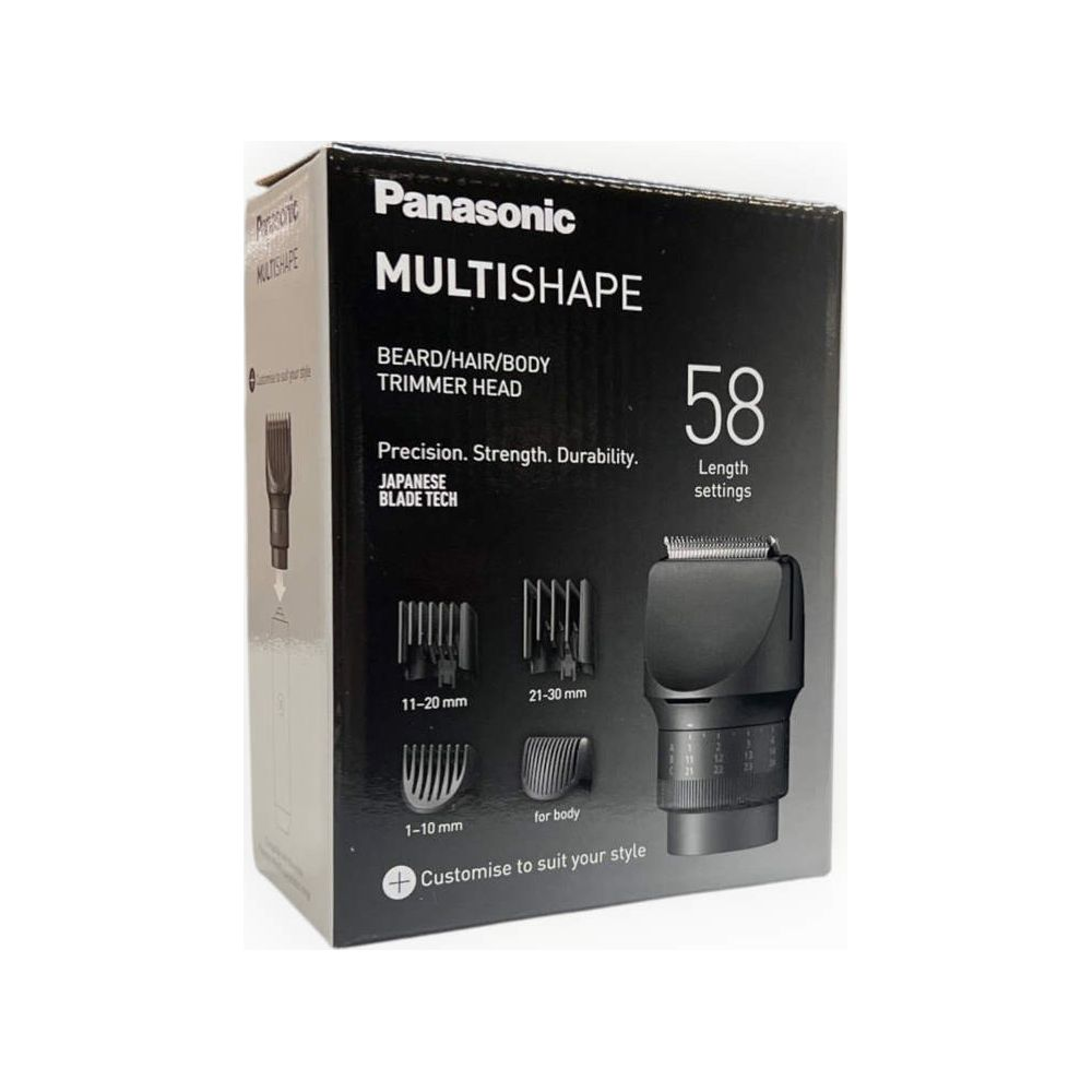 Scatola della testina regolabarba, capelli e corpo Panasonic Multishape con 58 impostazioni di lunghezza e accessori.