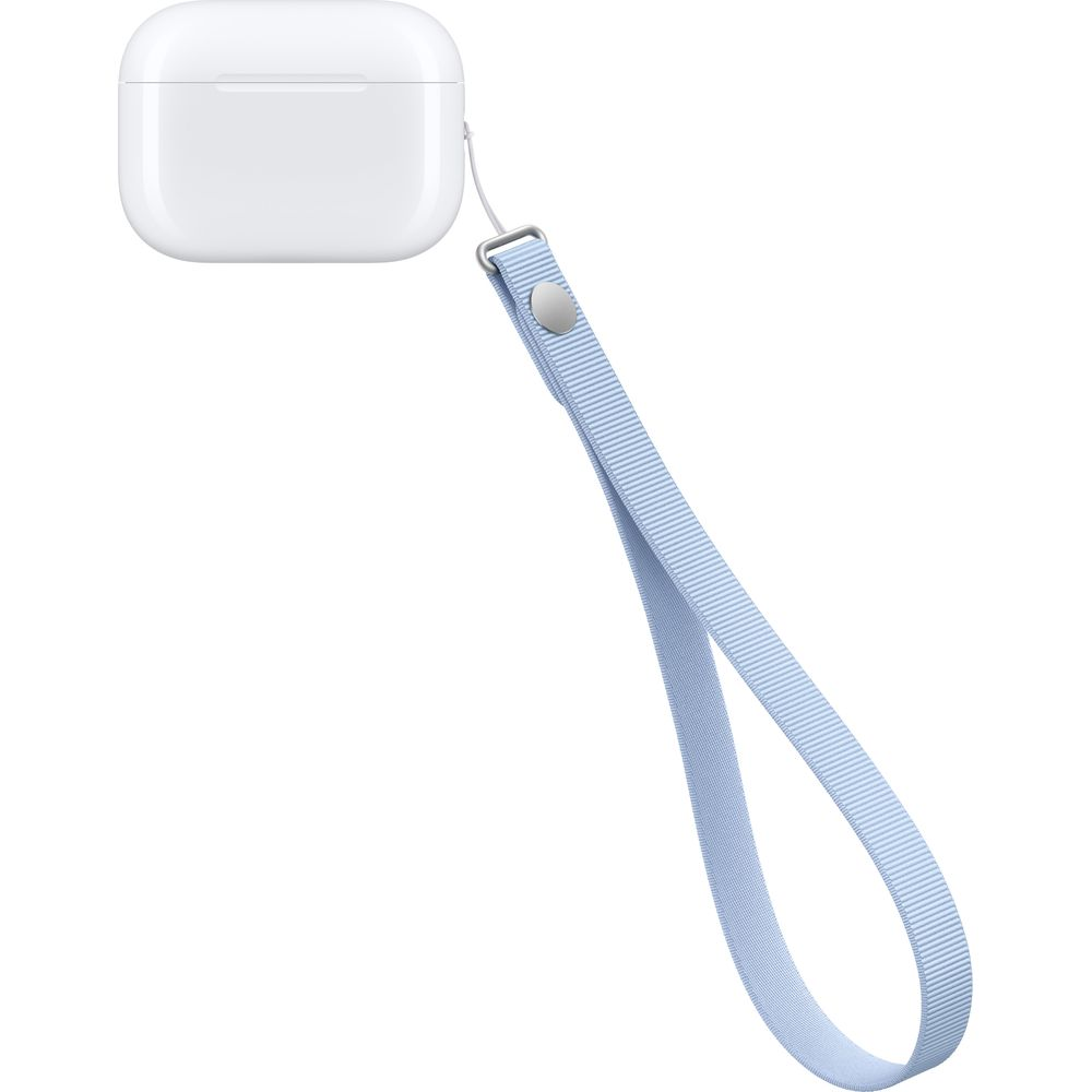 Custodia bianca per auricolari con un lungo cordino in tessuto azzurro.