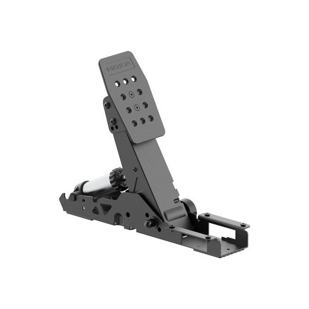 Beyaz arka planda metal ön plakaya ve ayarlanabilir silindir mekanizmasına sahip siyah sim yarış pedalı.
