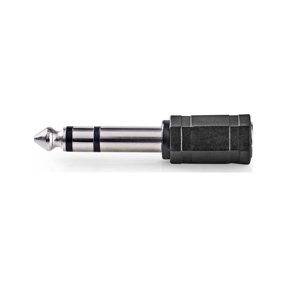Ein silberner 6,35-mm-Klinkenstecker mit schwarzem Griff auf weißem Grund.