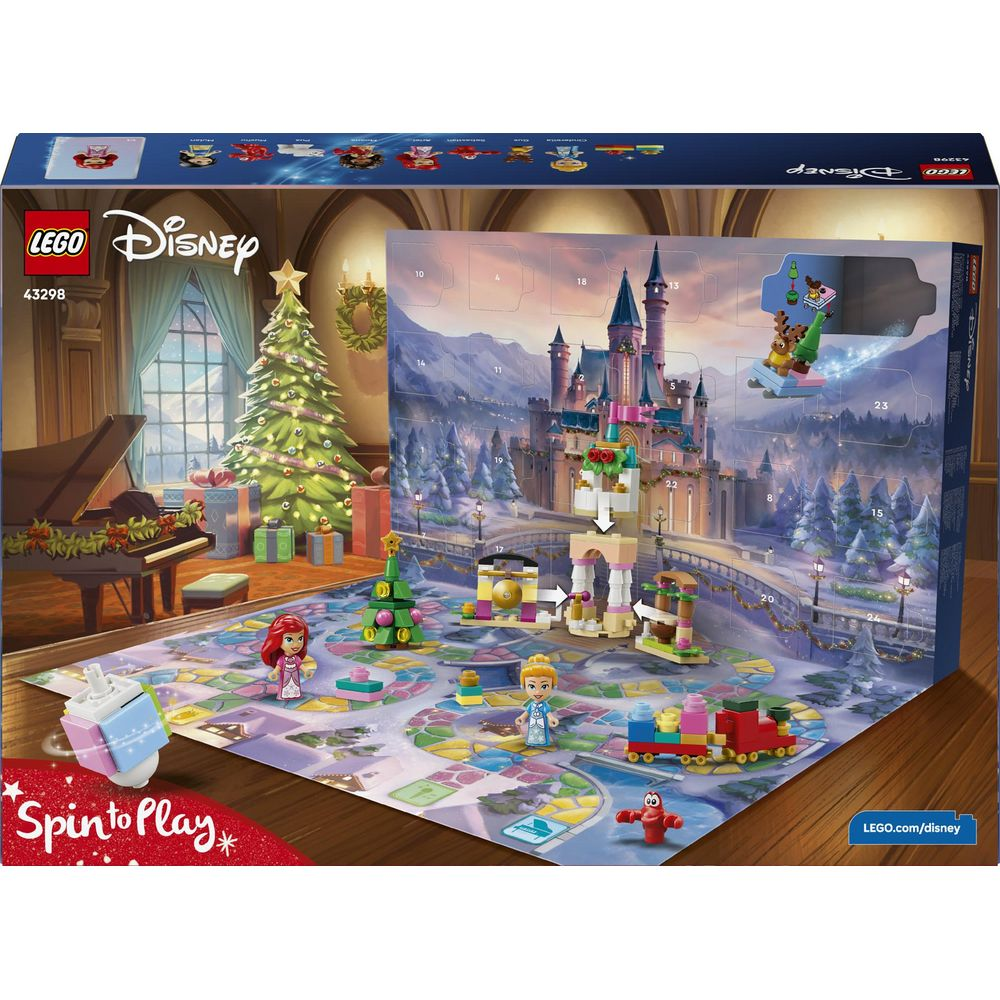 Kalendarz adwentowy LEGO Disney z matą do gry, zamkiem, choinką i figurkami w zimowej scenerii.