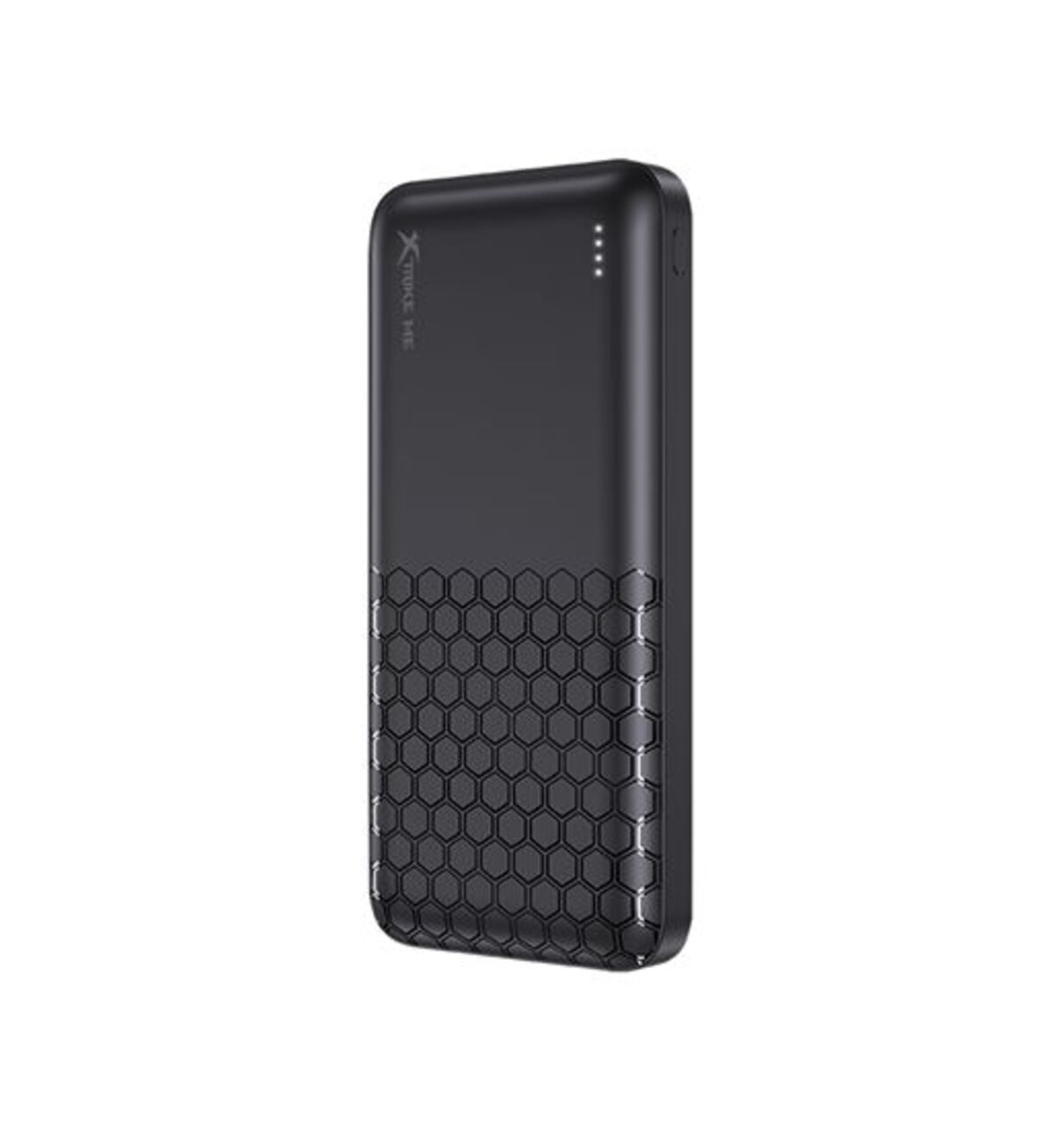 Un cargador portátil negro con patrón de panal en la mitad inferior, cuatro luces LED y marca.