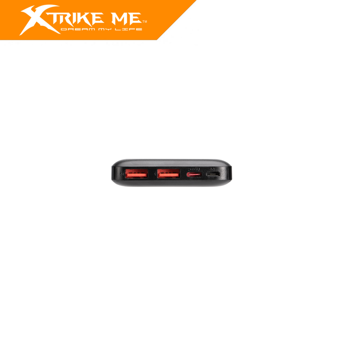 Batería externa negra con dos puertos USB-A rojos y dos puertos USB-C.