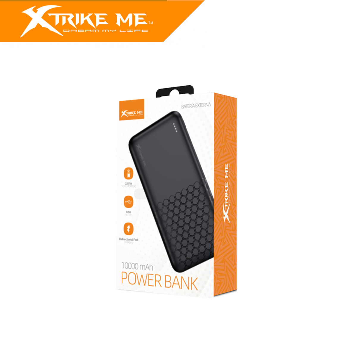 Batería externa negra de 10000 mAh en empaque blanco y naranja.