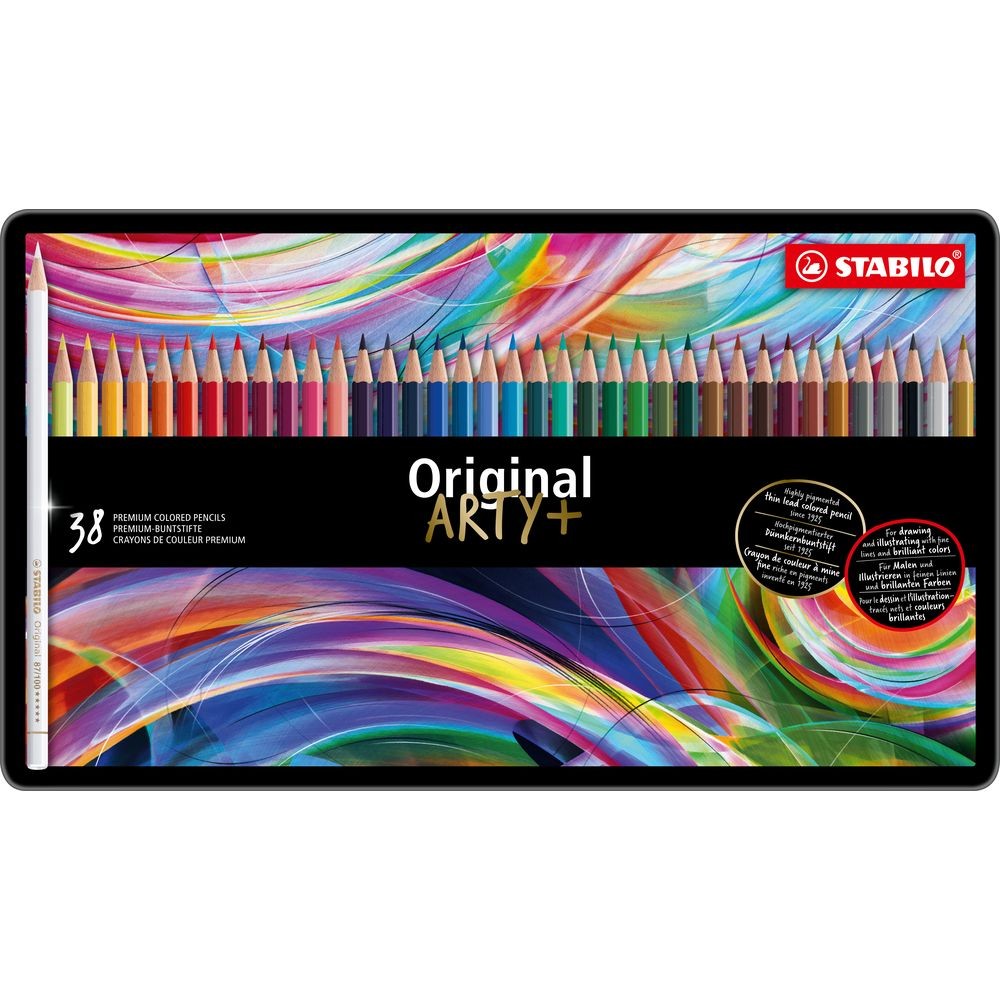 Eine Schachtel STABILO Original ARTY+ Buntstifte mit 38 bunten Stiften vor einem farbenfrohen Hintergrund.