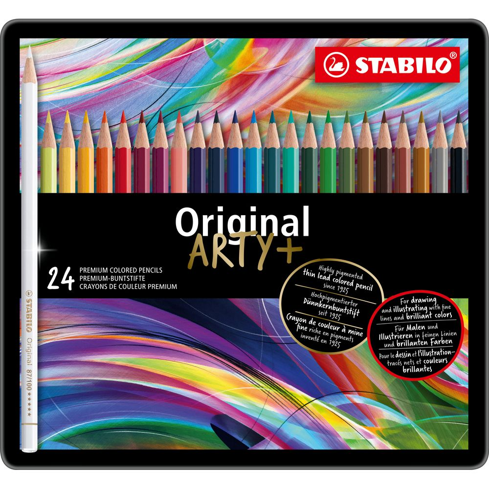 Stabilo Arty Metallbox mit 24 bunten Buntstiften und abstrakten Farben im Hintergrund.