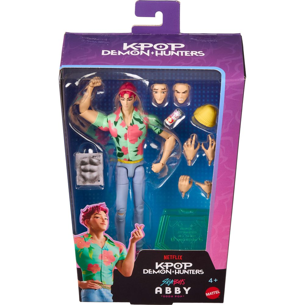 Figura de acción de Abby de KPOP Demon Hunters en caja morada con accesorios y piezas intercambiables.