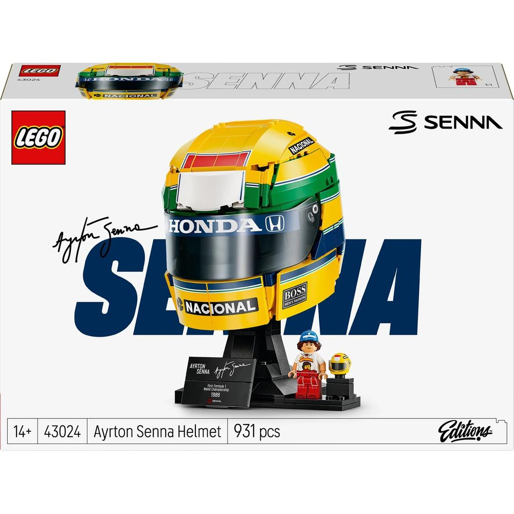 Caja del casco LEGO Ayrton Senna que muestra el casco amarillo, verde y azul, una minifigura y un soporte.