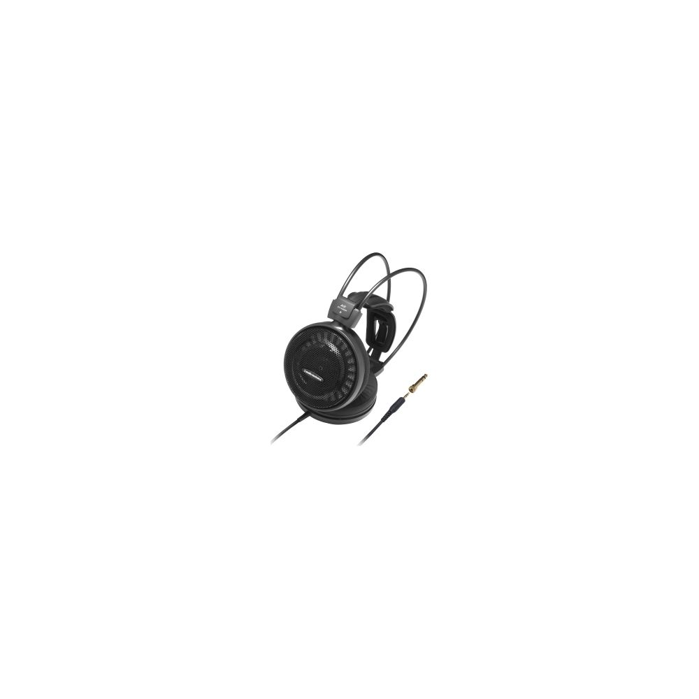Auriculares supraaurales negros con copas abiertas y un cable adjunto con conector jack.