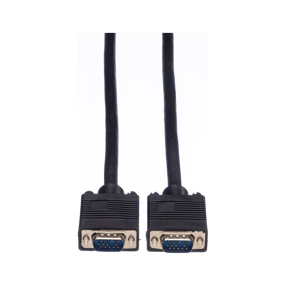 Zwei schwarze VGA-Kabel mit blauen Steckern auf weißem Hintergrund.