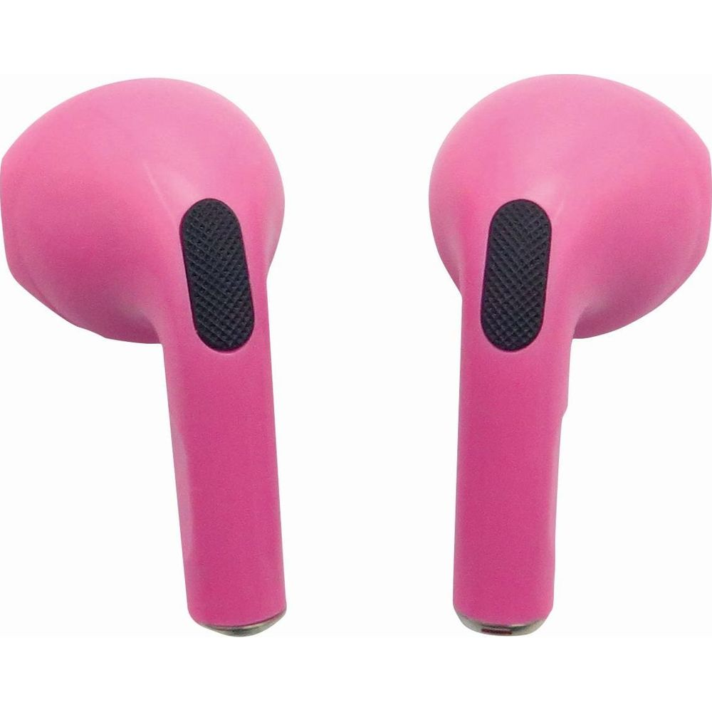 Dos auriculares inalámbricos rosados con acento negro sobre fondo blanco.