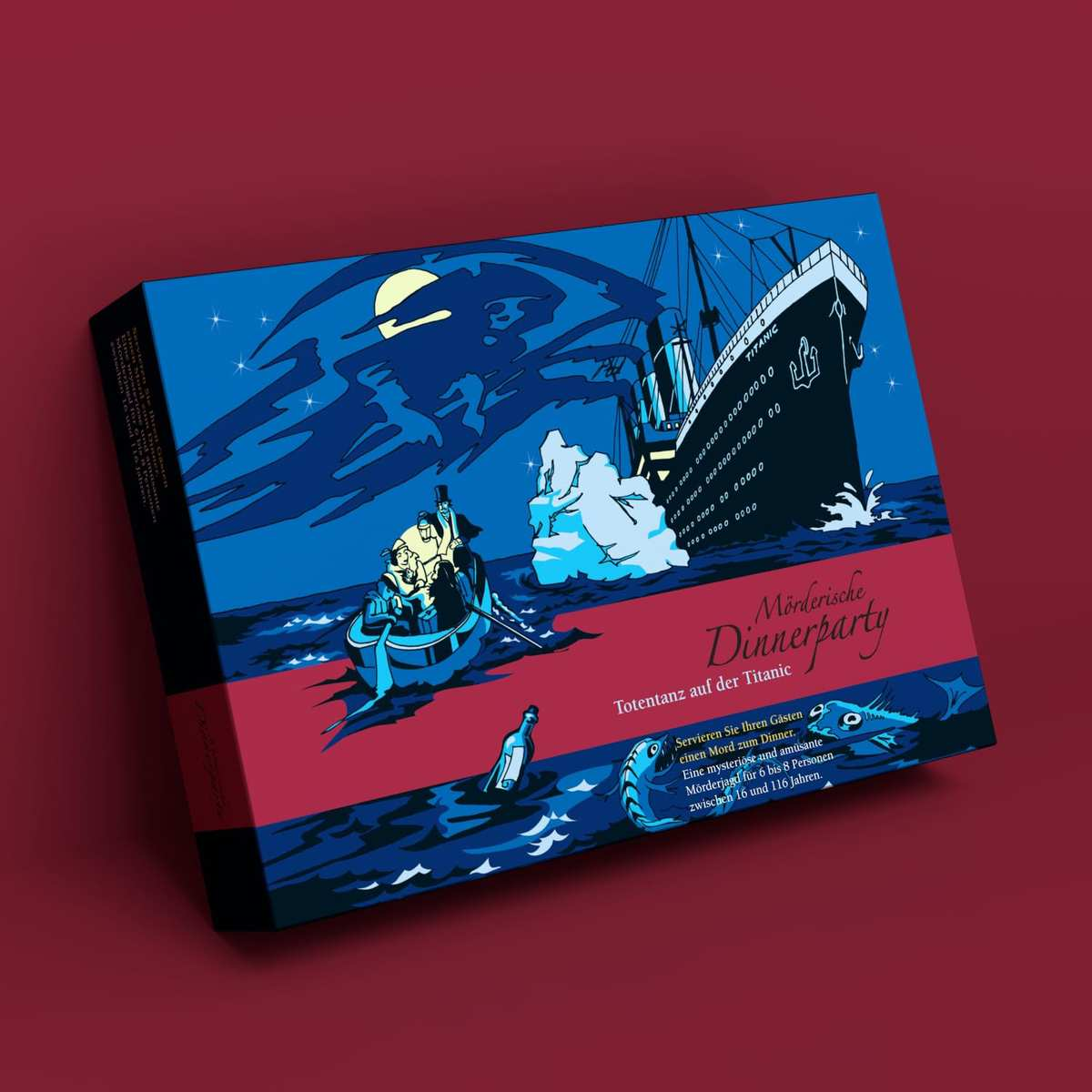 Una scatola di gioco da tavolo con illustrazione del Titanic, un iceberg, una piccola barca e la scritta Mörderische Dinnerparty.