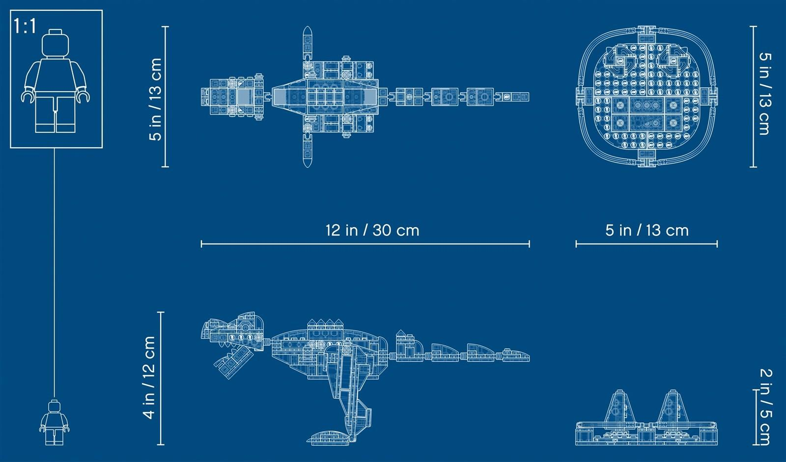 T-Rex dinozor modeli için üst ve yan görünüşlerle ölçüleri gösteren mavi Lego planı.