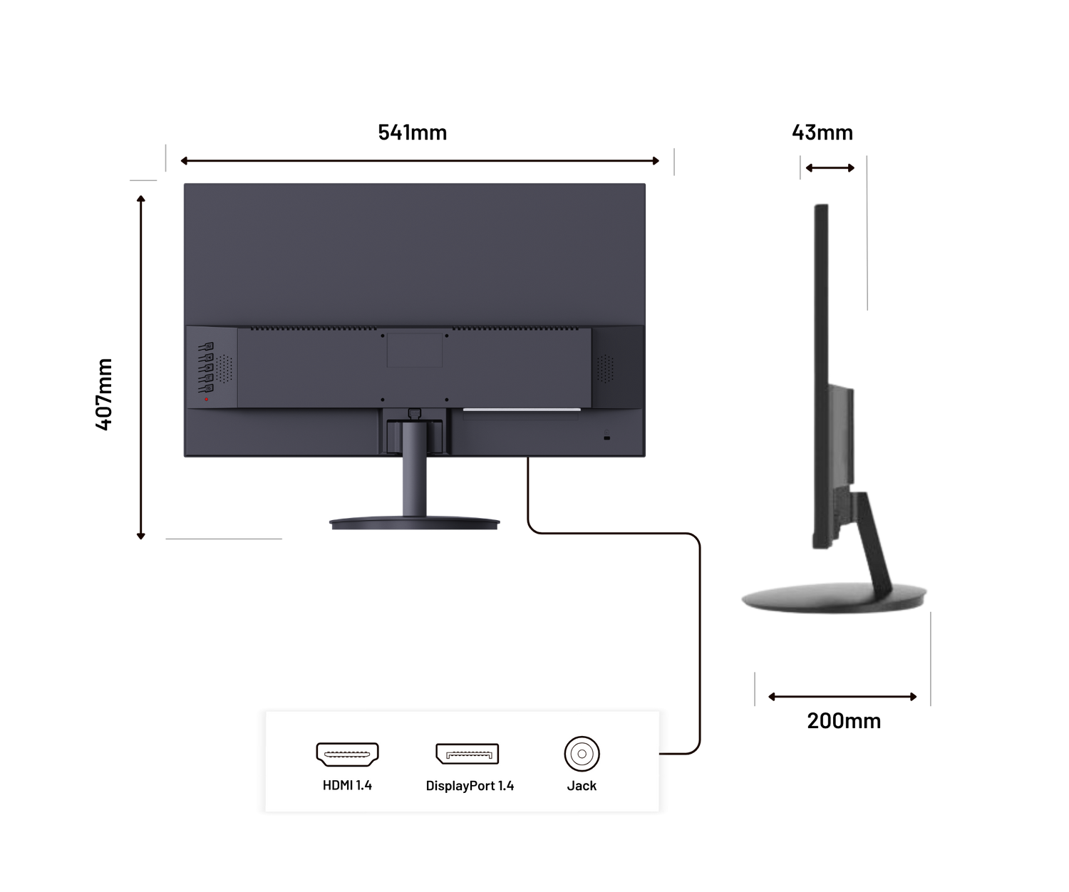 Vistas trasera y lateral de un monitor con líneas de cota e iconos para puertos HDMI, DisplayPort y Jack.