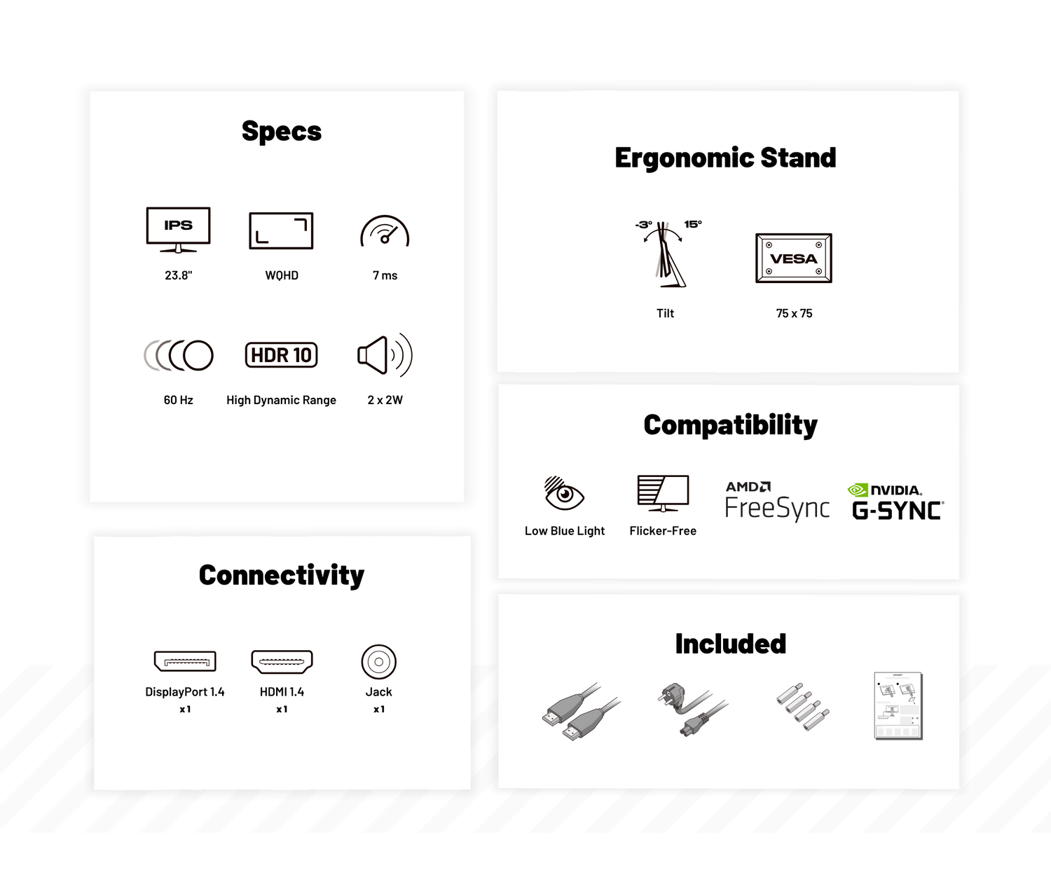 Infografía con especificaciones del monitor, soporte ergonómico, compatibilidad, conectividad y accesorios.