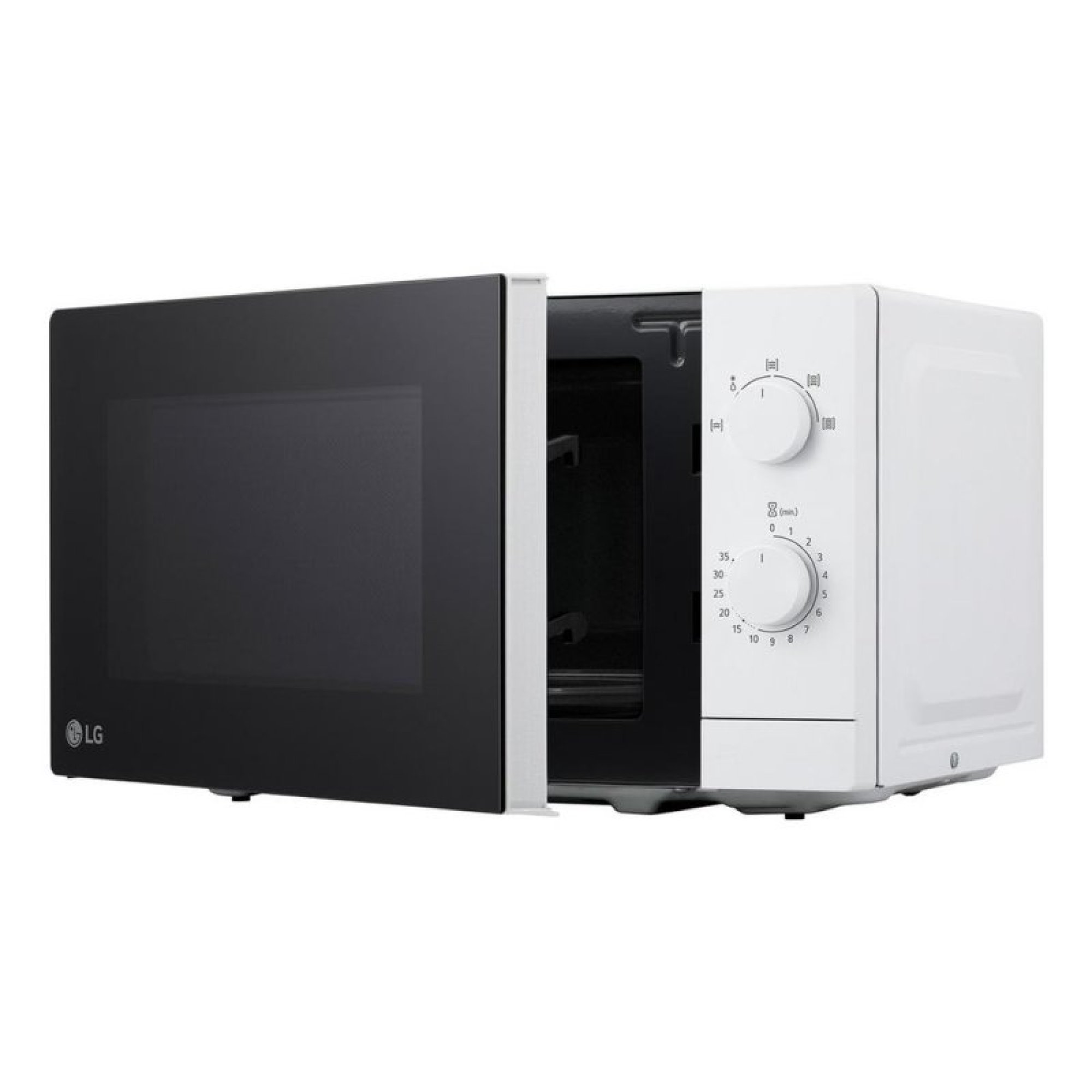 Un microondas LG blanco con puerta negra abierta y dos perillas de control a la derecha.