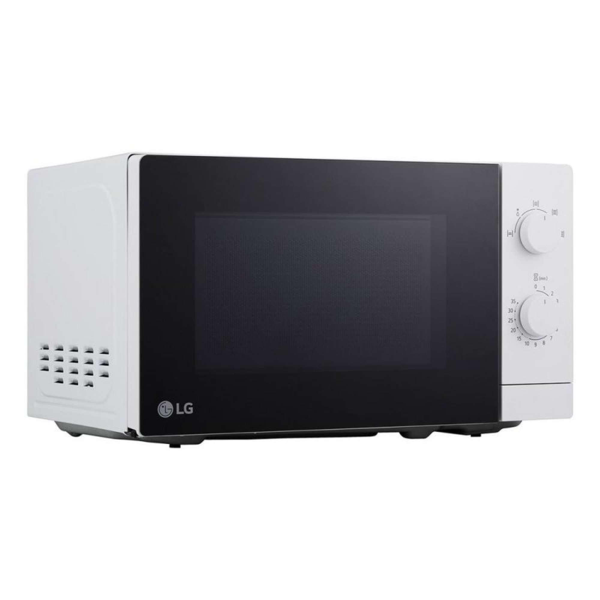 Un microondas LG blanco con puerta de cristal negra y dos mandos giratorios a la derecha.