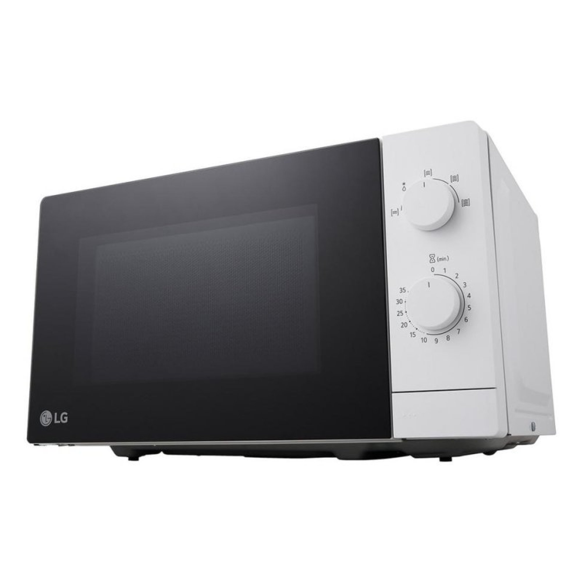 Un microondas LG blanco con puerta de cristal negro y dos mandos giratorios en el lado derecho.