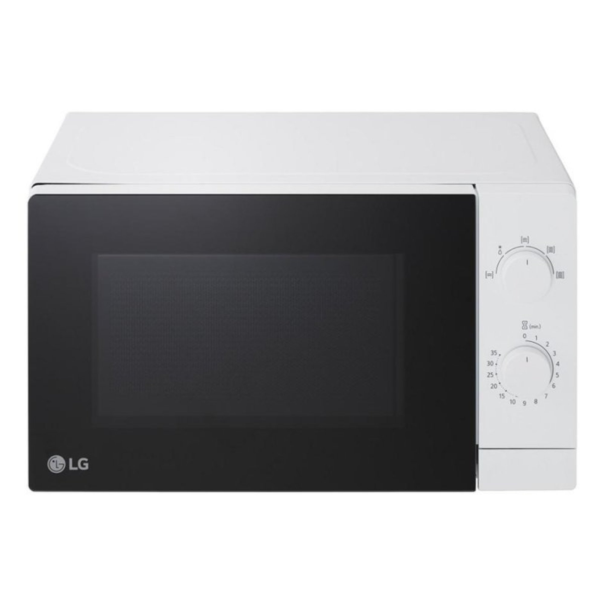 Un microondas blanco LG con puerta de cristal negra y dos mandos giratorios a la derecha.