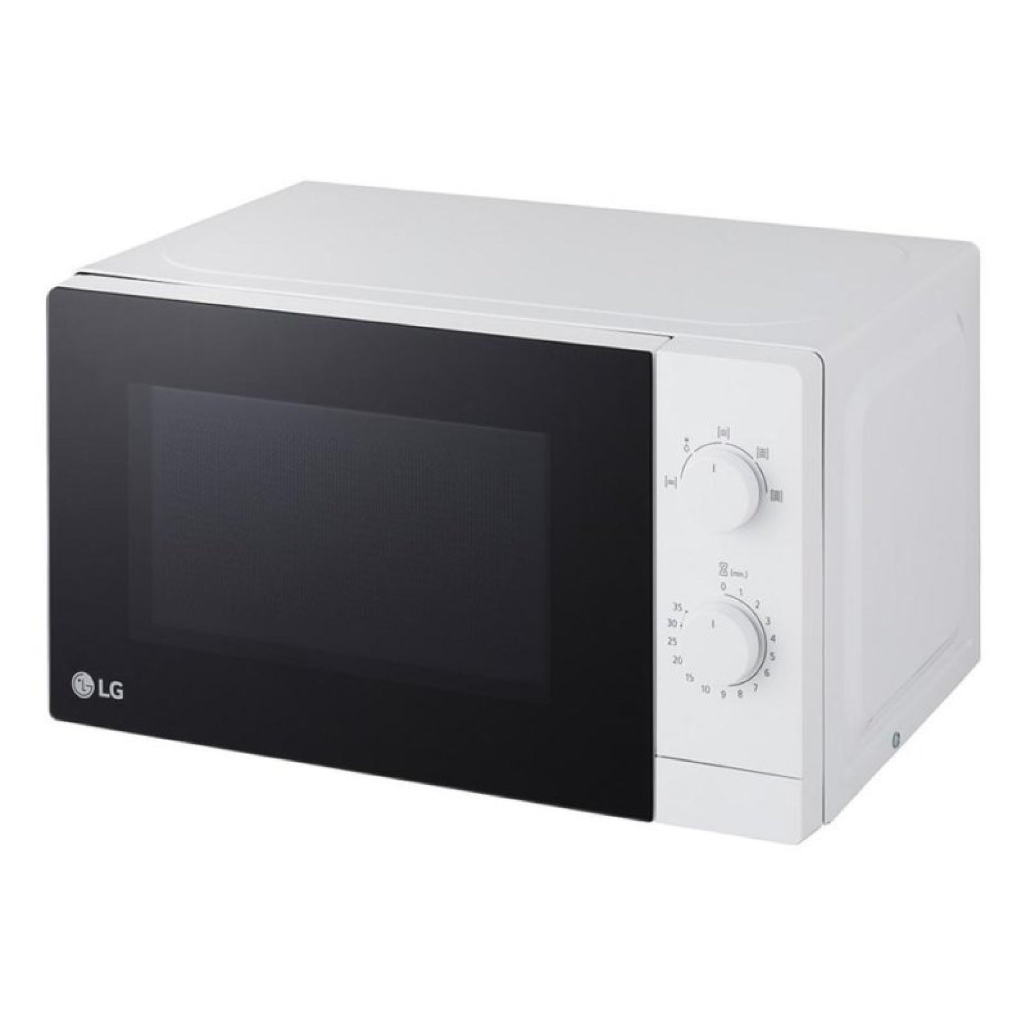 Un horno microondas LG blanco con puerta de cristal negro y dos mandos giratorios a la derecha.