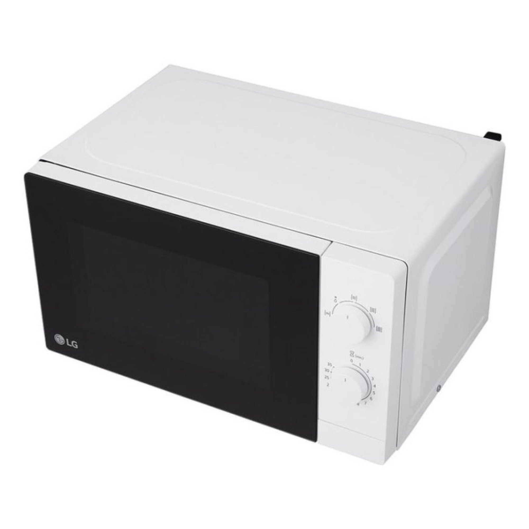 Un microondas blanco LG con puerta negra y dos perillas giratorias en el lado derecho, aislado en un fondo blanco.