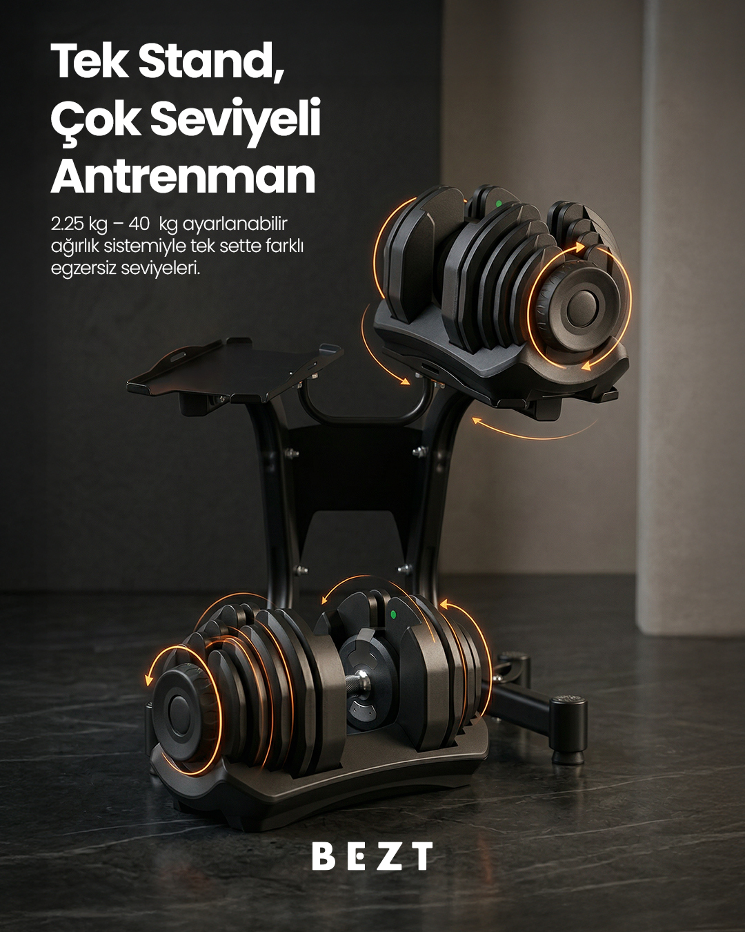 Döner ağırlık diskleri, Türkçe metin ve BEZT logosu içeren stantlı ayarlanabilir dambıl seti.