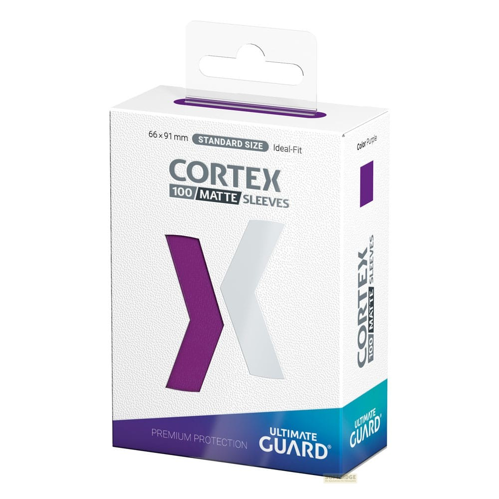 Boîte de protège-cartes Ultimate Guard Cortex violette et blanche avec languette.