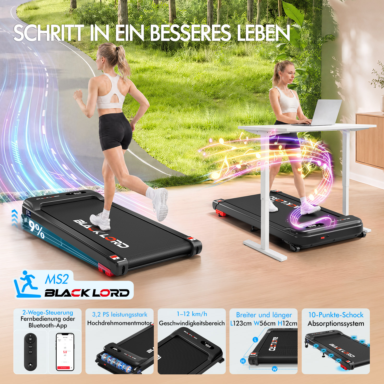 Eine Frau nutzt ein Black Lord Laufband und Stehpult mit Musikwellen und Produktmerkmalen.