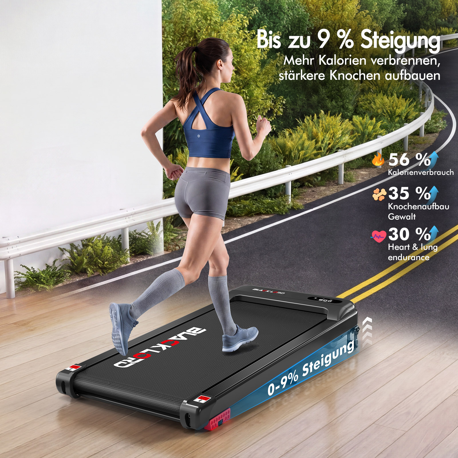 Eine Frau läuft auf einem schwarzen Laufband vor einer Naturkulisse mit Statistiken.