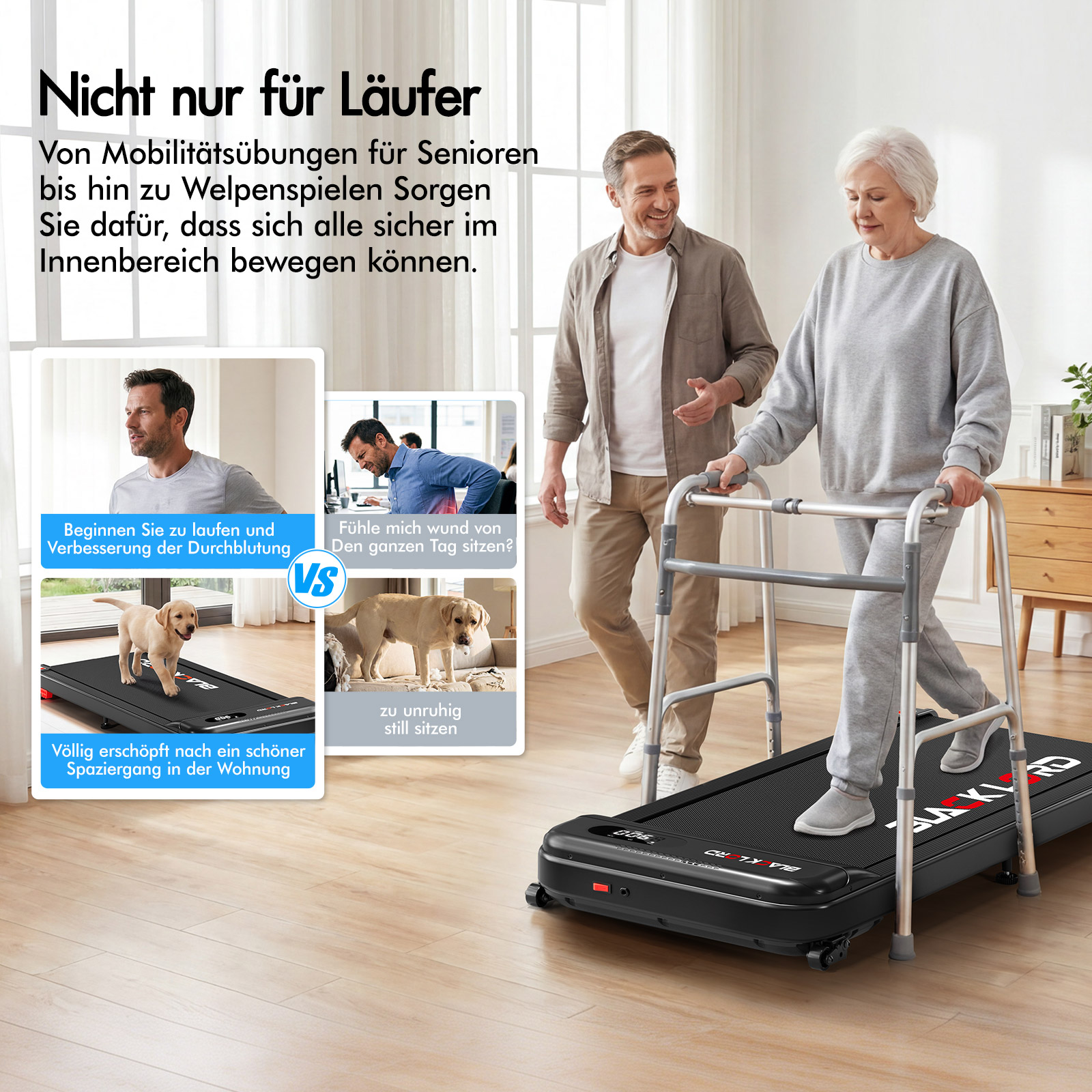 Senioren und Hunde nutzen kompaktes Laufband zu Hause mit Textoverlays.
