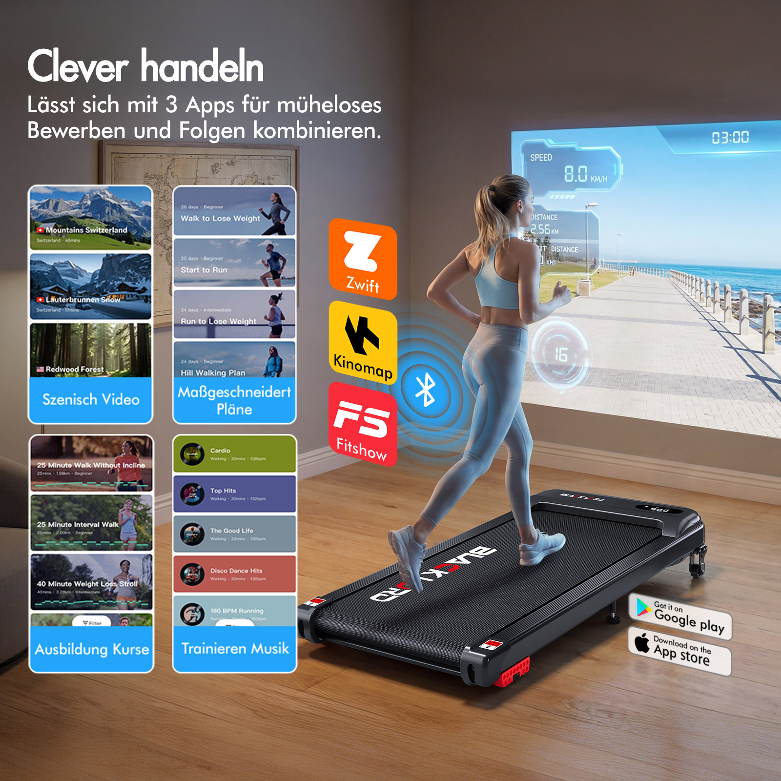 Eine Frau läuft auf einem Laufband vor einer großen virtuellen Leinwand mit einer Küstenlandschaft.