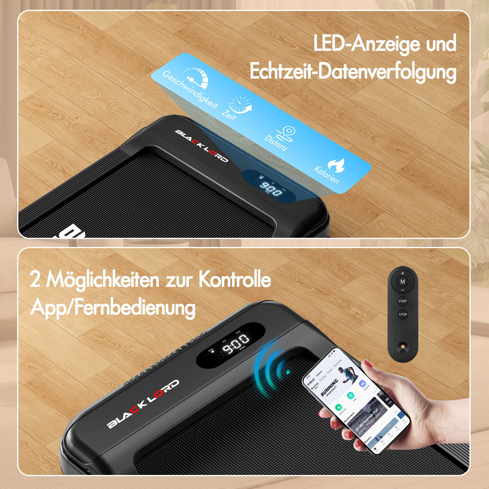 Schwarzes Laufband mit LED-Display auf Holzboden, steuerbar über App und Fernbedienung.