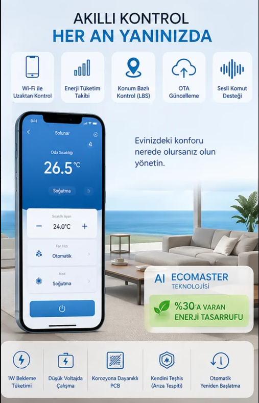 Modern bir oturma odası arka planında sıcaklık ve özellik simgeleri gösteren akıllı telefon.