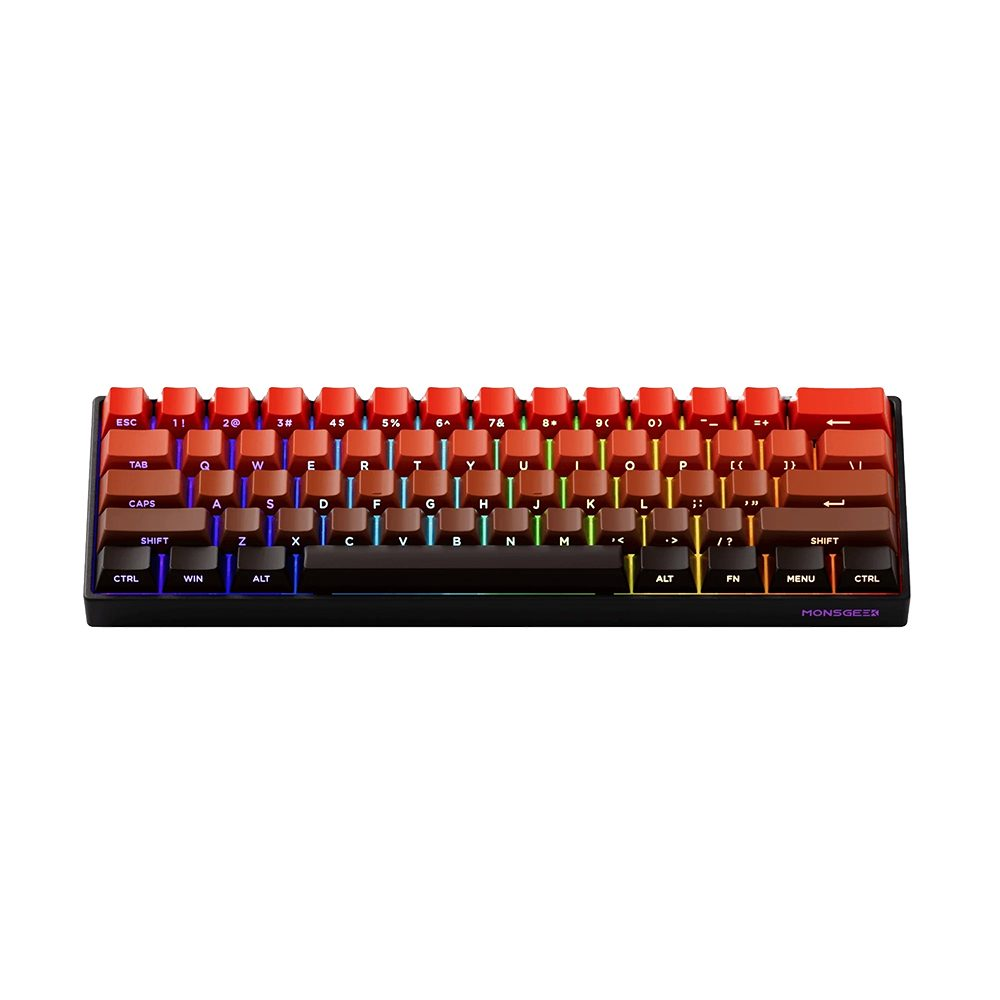 Kırmızıdan siyaha geçişli gradyan tasarımlı ve RGB aydınlatmalı kompakt klavye.