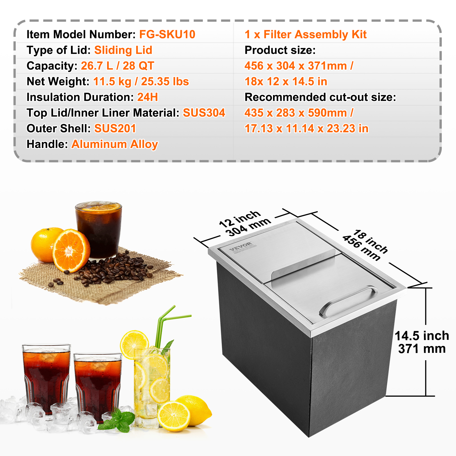 Especificaciones y dimensiones de un contenedor de hielo de acero inoxidable con bebidas, naranjas y café.