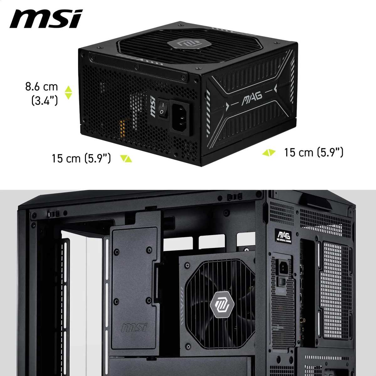 Schwarzes MSI MAG PC-Netzteil mit Abmessungen und eingebaut in einen PC-Tower.