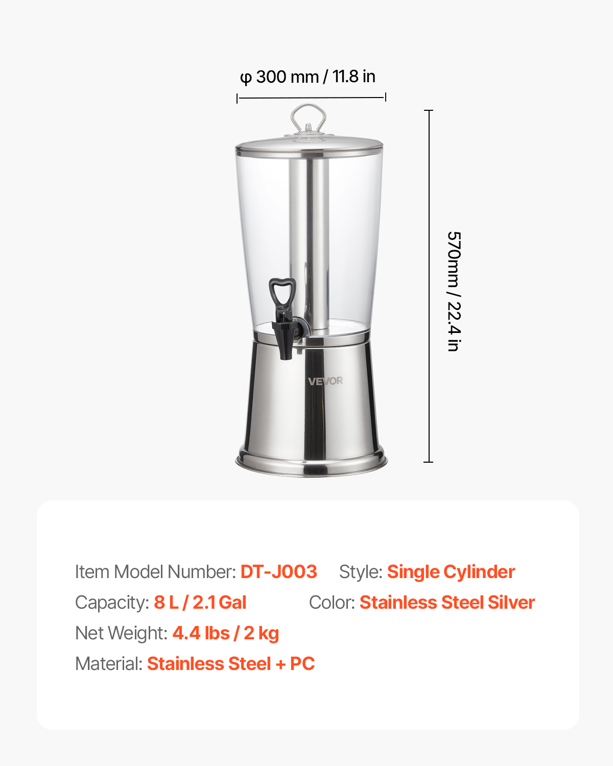 Dispensador de bebidas de acero inoxidable con 300 mm de diámetro, 570 mm de alto, 8L de capacidad y modelo DT-J003.